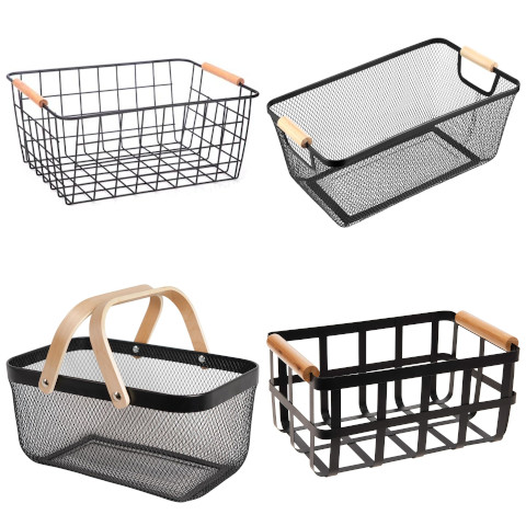 rectangular metal basket with wooden handles