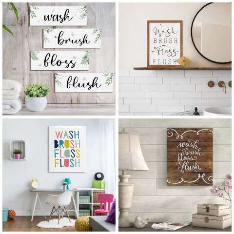 wash brush floss flush textual wall art